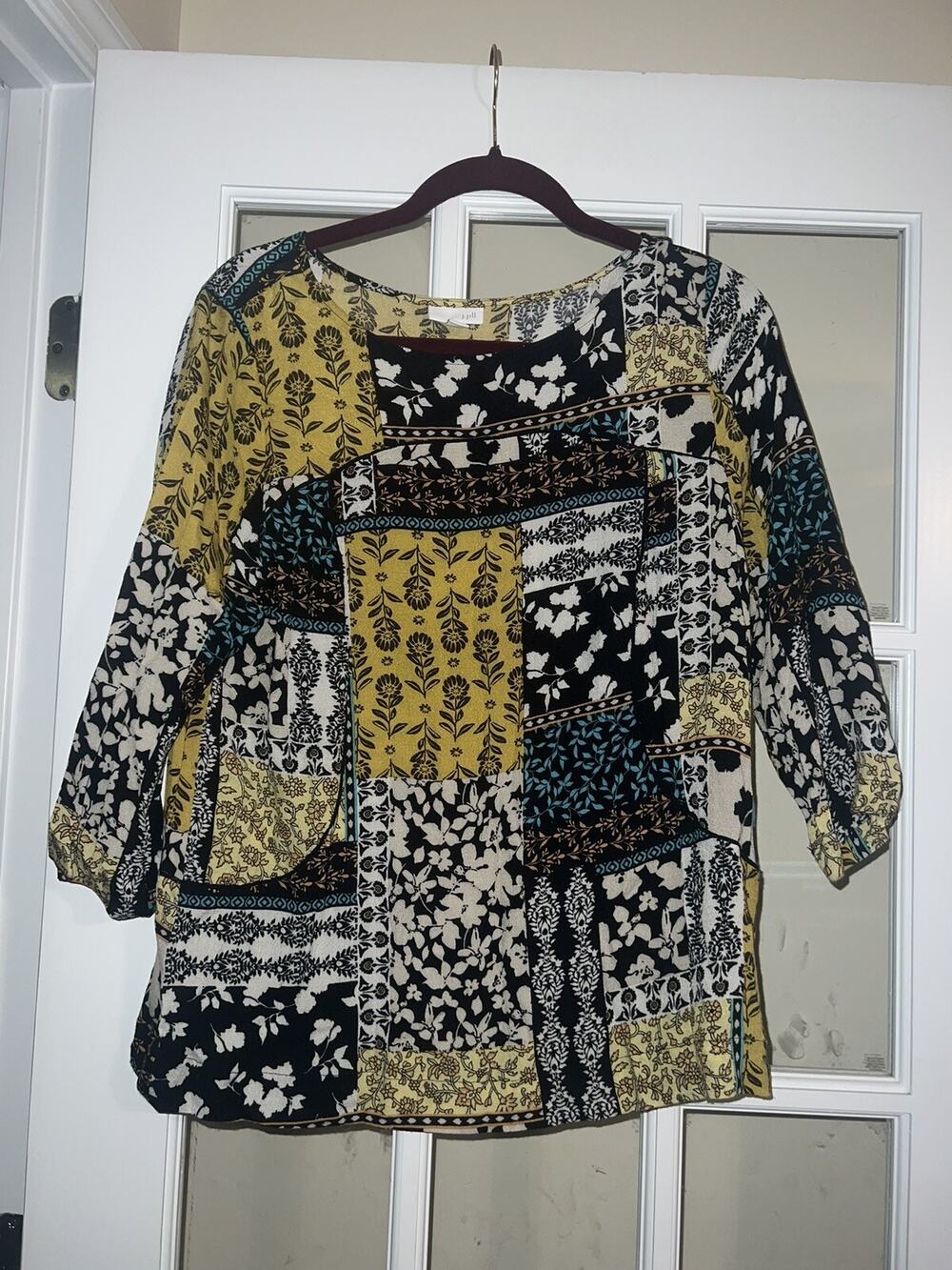 J Jill Top Womens Medium Black Yellow Floral Patchwork Look 3/4 Sleeve Blouse